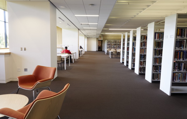 library upper level shelves and seating